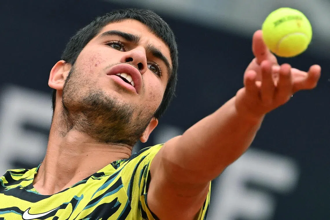 Carlos Alcaraz of Spain in action during his men's singles second-round win over compatriot Albert Ramos-Vinolas of Spain at the Italian Open tennis tournament in Rome on Saturday.