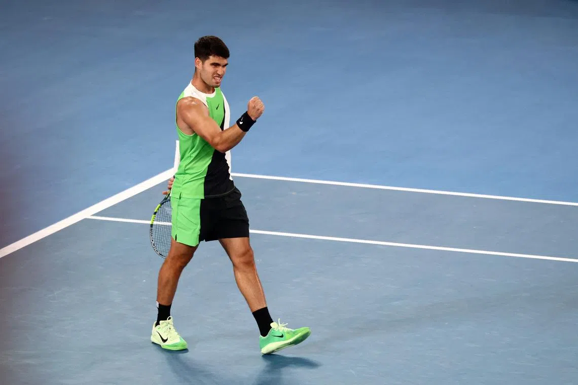 Tennis - Australian Open - Melbourne Park, Melbourne, Australia - January 18, 2026 Spain's Carlos Alcaraz celebrates winning his first round match against Australia's Adam Walton REUTERS/Tingshu Wang