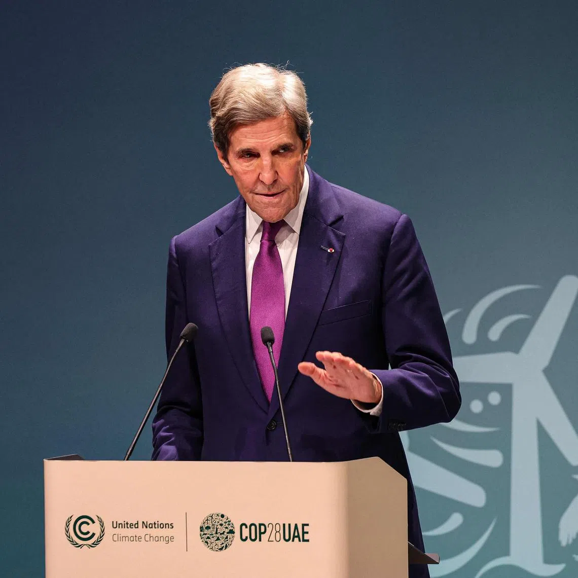 (FILES) US Special Presidential Envoy for Climate John Kerry speaks during a press conference at the United Nations climate summit in Dubai on December 6, 2023. Veteran envoy John Kerry called March 1, 2024 for the United States to find major new climate finance methods, warning of "huge disappointment" if historic promises to transition from fossil fuels go unheeded (Photo by Giuseppe CACACE / AFP)