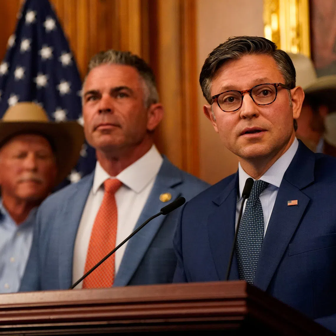 FILE PHOTO: U.S. House Speaker Mike Johnson (R-LA) speaks during a press conference as members of Congress have two weeks to reach a deal to avert a looming partial government shutdown, on Capitol Hill in Washington, D.C., U.S., September 16, 2025. REUTERS/Elizabeth Frantz/File Photo