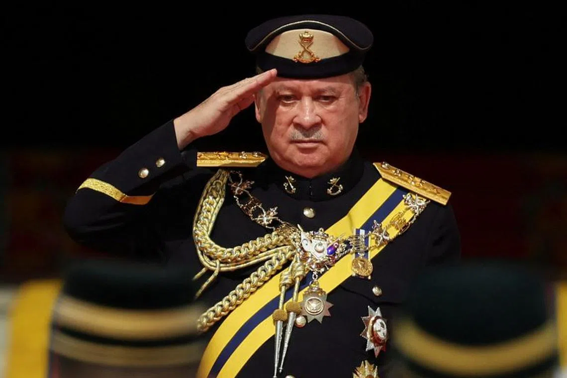 Sultan Ibrahim salutes the guard of honour at the National Palace in Kuala Lumpur, Malaysia on Jan 31, 2024.