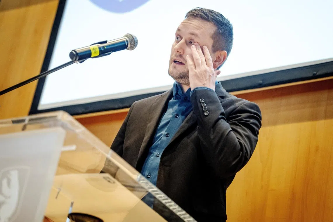 Greenland's Prime Minister Jens-Frederik Nielsen holds a press conference for the foreign press at the cultural center Katuaq in Nuuk, Greenland, January 22, 2026.
