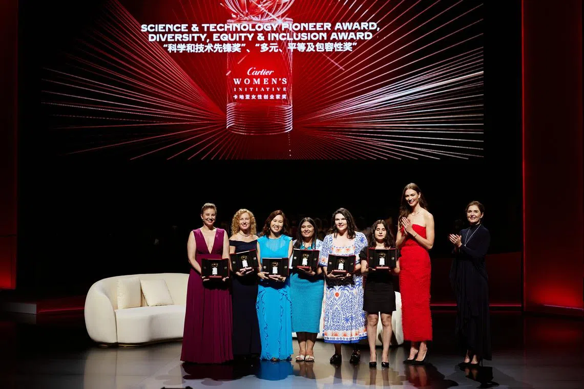 Singaporean doctor Lynne Lim (third from left) at the 2024 Cartier Women’s Initiative Awards. American model Karlie Kloss (second from right) was a guest presenter and speaker for the night. 