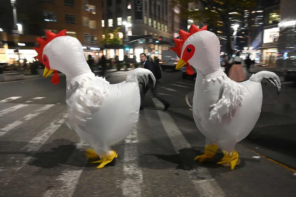 Two people dressed in chicken costumes attempt to cross Broadway street in Times Square during Halloween in New York City on October 31, 2022. 