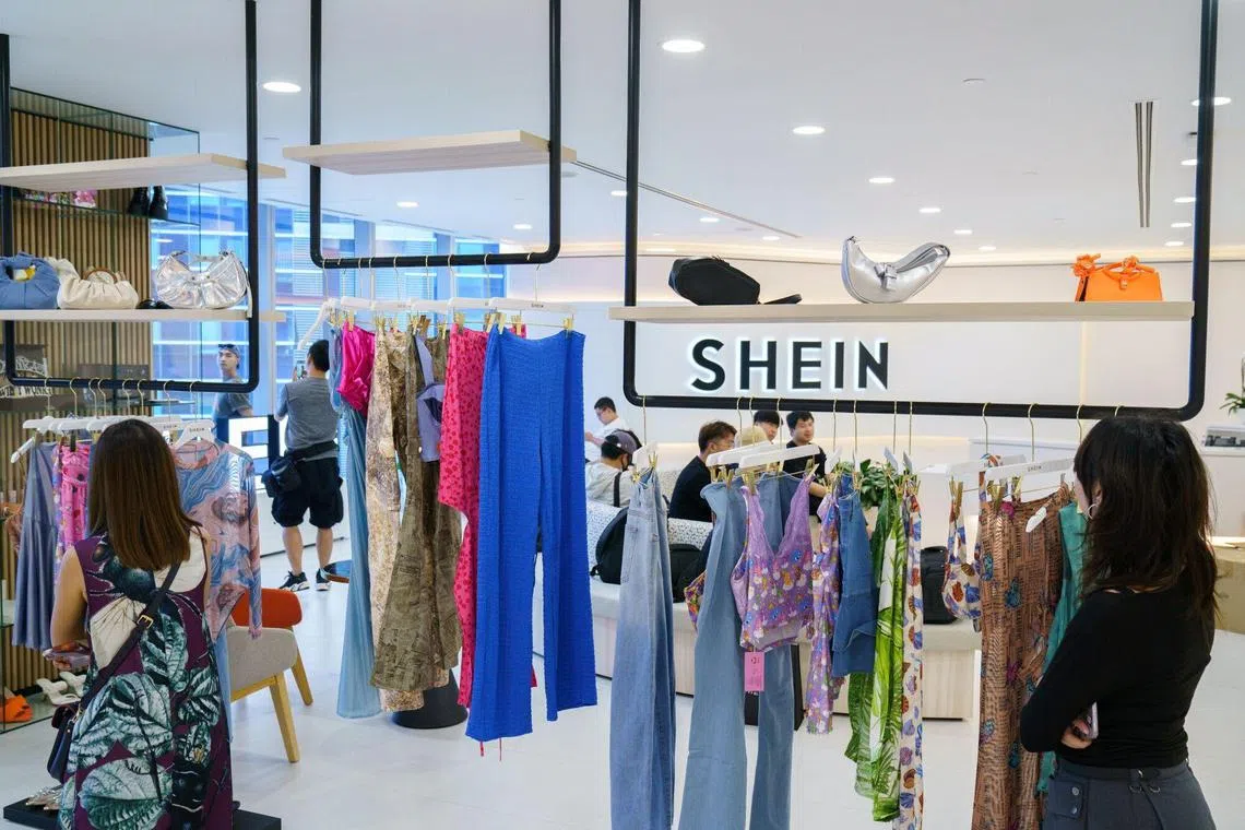 Clothes displayed at Shein's headquarters in Singapore on  June 19, 2023. 