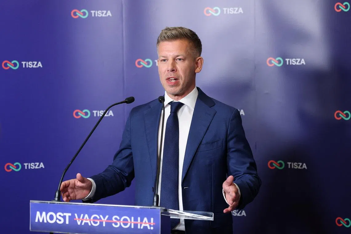 Peter Magyar, leader of the opposition Tisza party, speaking during a press conference on April 12, 2026. 