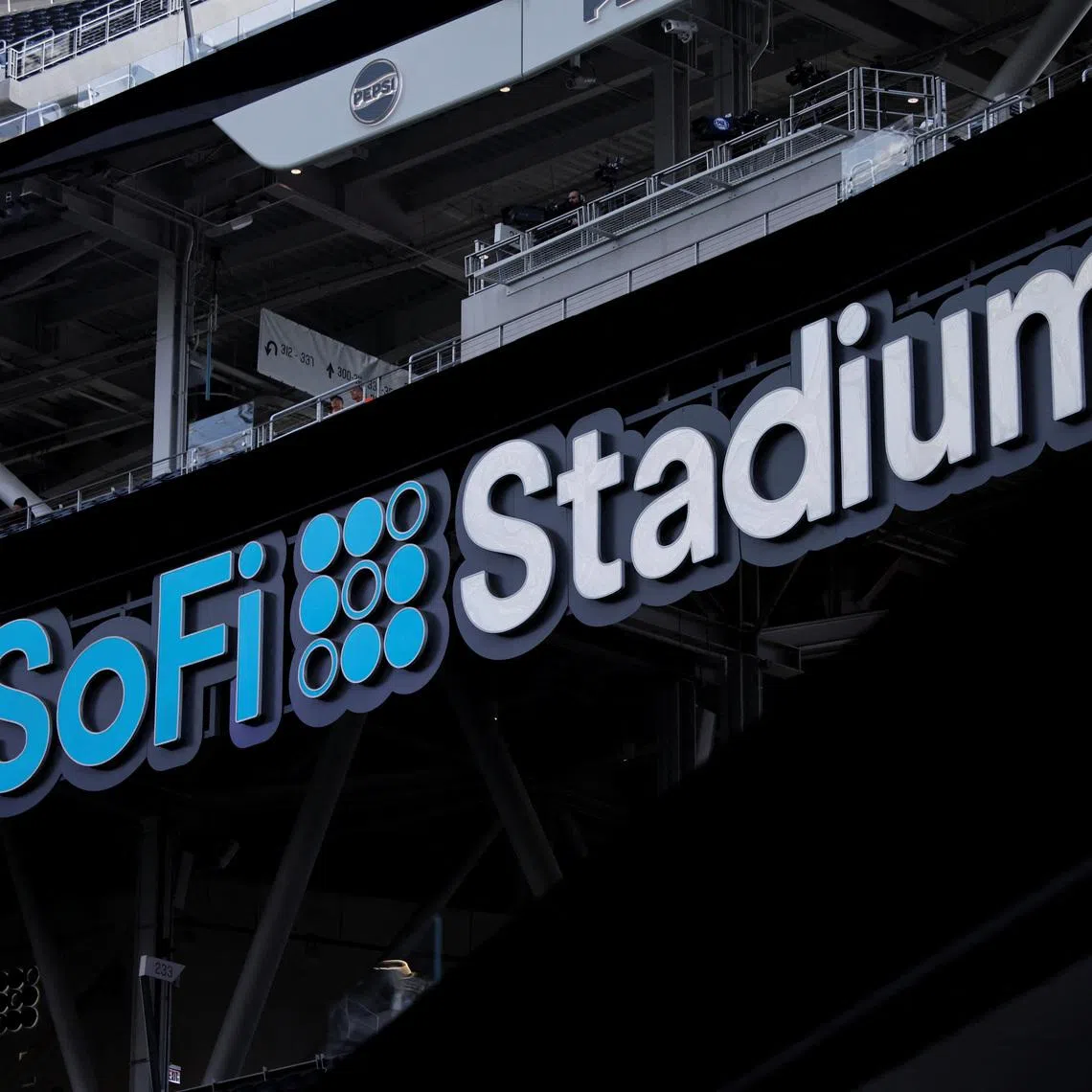 The SoFi Stadium logo is displayed at SoFi Stadium in Inglewood, California, U.S. December 14, 2025. REUTERS/Daniel Cole
