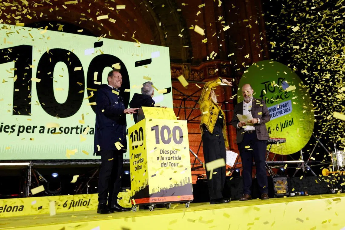 Tour de France general director Christian Prudhomme (left) and Mayor of Barcelona Jaume Collboni activating of the 100-day countdown clock during 100-Day Grand Depart Tour de France 2026 celebration, on March 26, 2026, in Barcelona. The 2027 Grand Depart will take place in Britain.