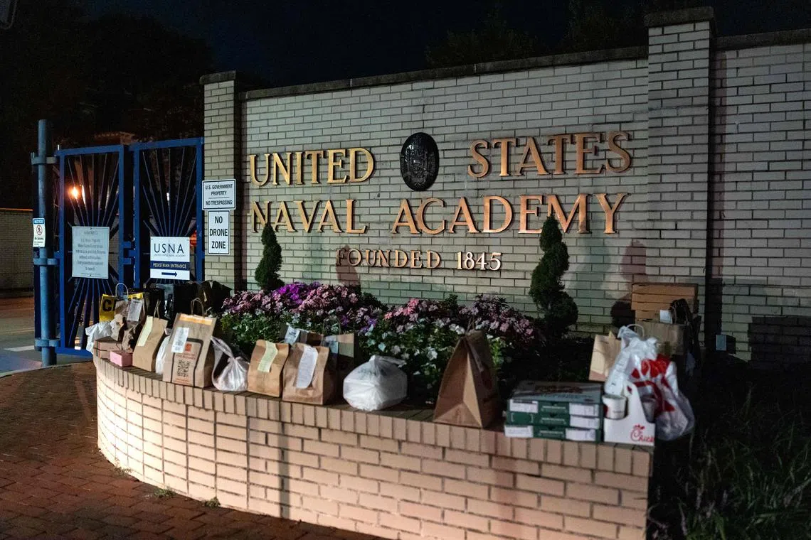Food deliveries are left by entrance as the United States Naval Academy in Annapolis, Maryland, remains on lockdown on Sept 11.