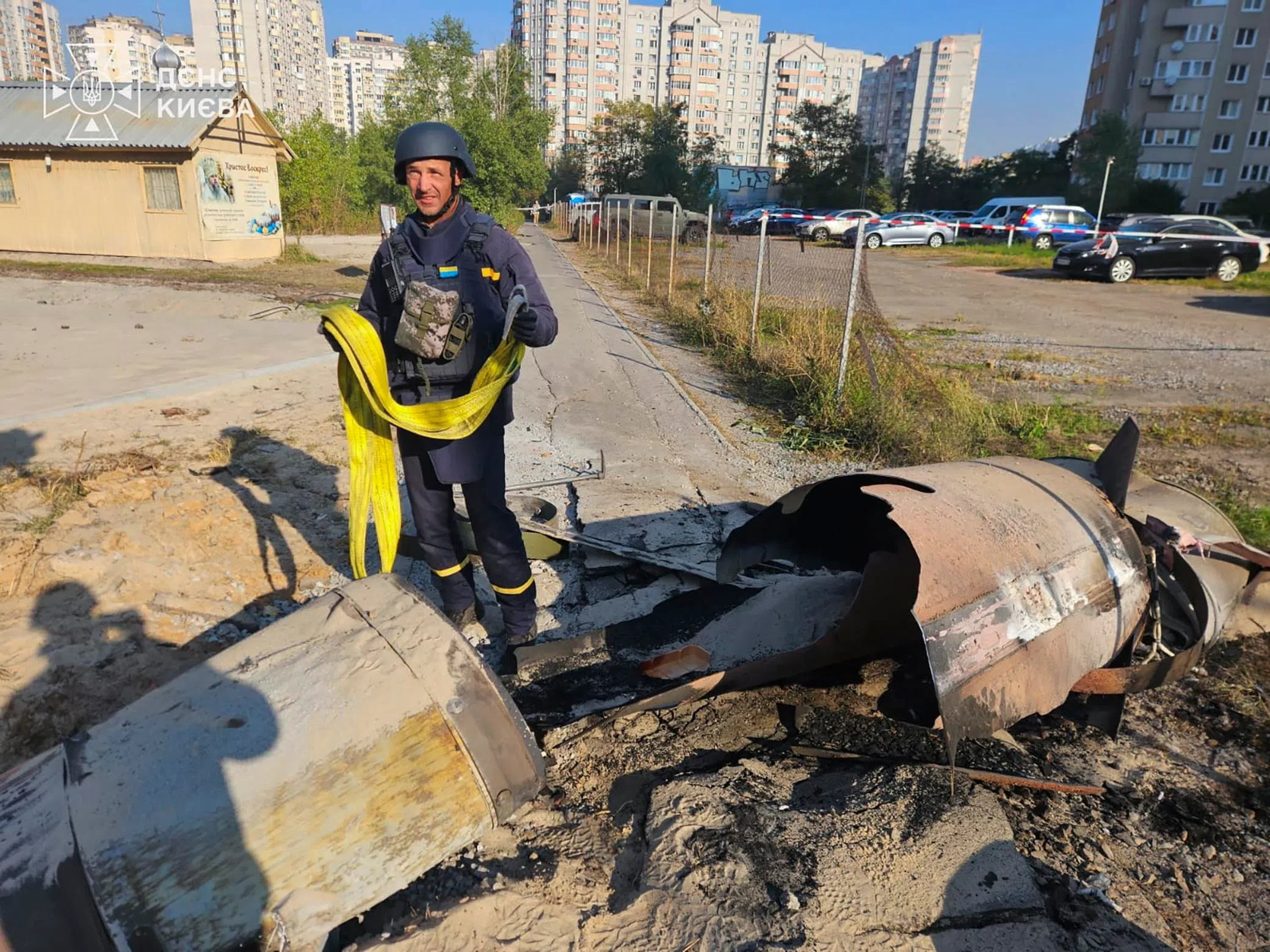 Ukrainian sappers recovering an unexploded Russian ballistic missile in the capital city, Kyiv, on Oct 7.