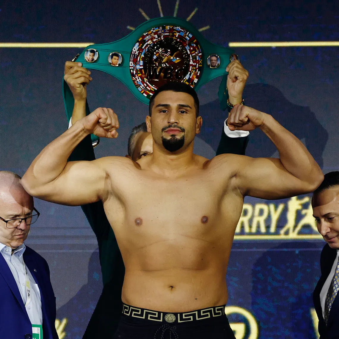 Boxing - Light Heavy Championship - Artur Beterbiev v Dmitrii Bivol - Weigh-In - Boulevard City, Riyadh, Saudi Arabia - February 21, 2025 Agit Kabayel during the Weigh-In REUTERS/Hamad I Mohammed