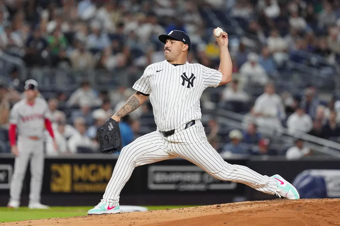 FILE PHOTO: Sep 12, 2024; Bronx, New York, USA; New York Yankees pitcher Nestor Cortes (65) delivers a pitch against the Boston Red Sox during the second inning at Yankee Stadium. Mandatory Credit: Gregory Fisher-Imagn Images/File Photo