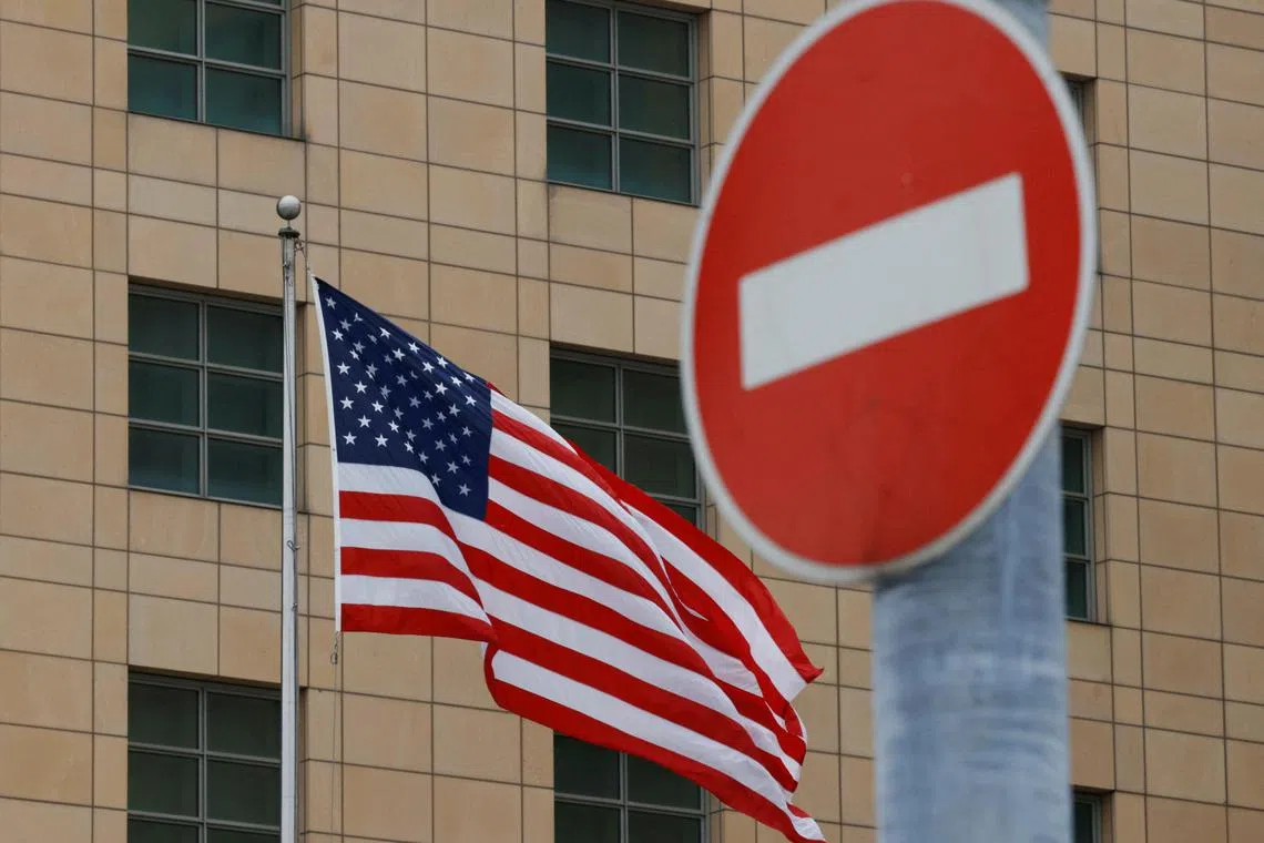 The US flag flies in front of the US Embassy in Moscow, Russia.