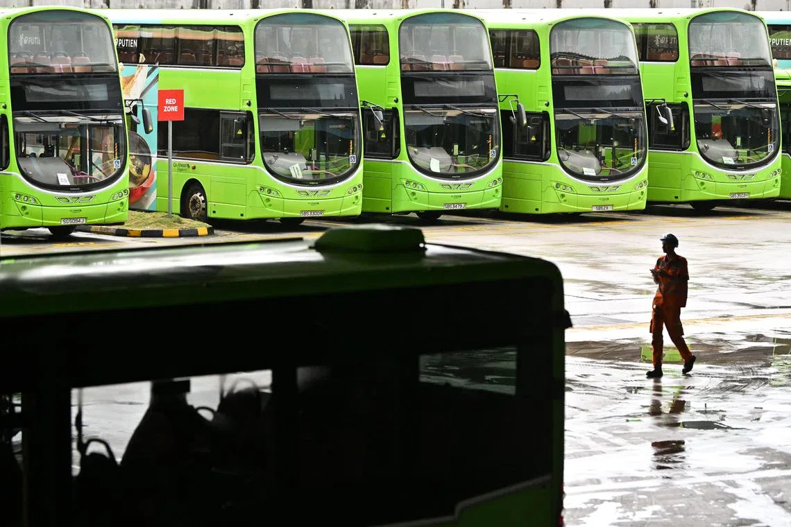 ST20230321-202373577289-Lim Yaohui-pixgeneric/
Go-Ahead Singapore buses at Loyang Bus Depot on Mar 21, 2023.
Go-Ahead Singapore is a leading local public transport operator and subsidiary of the Go-Ahead Group, a UK transport provider which enables more than one billion journeys a year.
It has 31 services, based at Loyang Bus Depot, serving Punggol Bus Interchange and Pasir Ris Bus Interchange. There are more than 1000 employees, including bus captains, technicial specialists, service controllers, traffic inspectors and corporate staff.
(ST PHOTO: LIM YAOHUI)