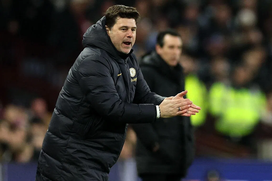 Mauricio Pochettino shouts instructions to the players from the touchline during the English FA Cup fourth round replay football match between Aston Villa and Chelsea at Villa Park in Birmingham, central England on February 7, 2024. (Photo by Adrian DENNIS / AFP) / RESTRICTED TO EDITORIAL USE. No use with unauthorized audio, video, data, fixture lists, club/league logos or 'live' services. Online in-match use limited to 120 images. An additional 40 images may be used in extra time. No video emulation. Social media in-match use limited to 120 images. An additional 40 images may be used in extra time. No use in betting publications, games or single club/league/player publications. / 