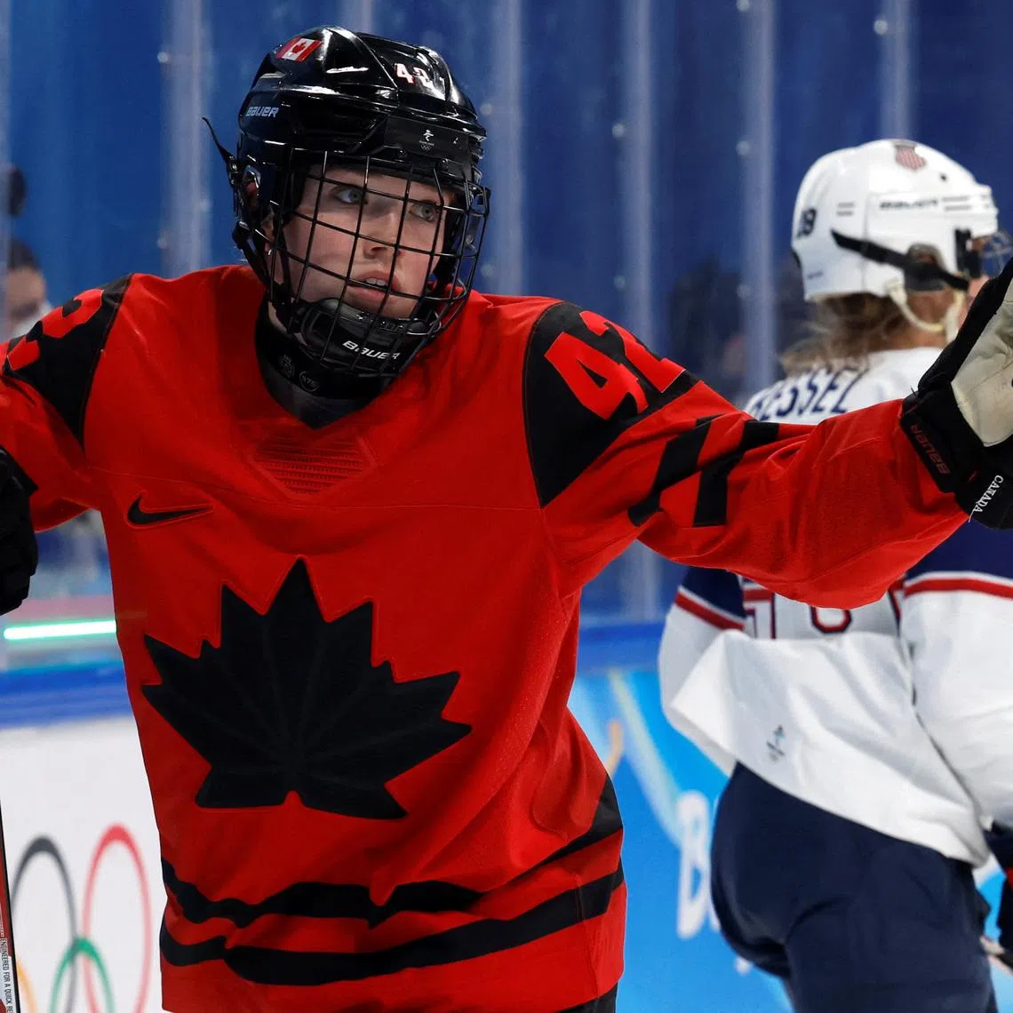 FILE PHOTO: 2022 Beijing Olympics - Ice Hockey - Women's Gold Medal Game - Canada v United States - Wukesong Sports Centre, Beijing, China - February 17, 2022. Claire Thompson of Canada in action. REUTERS/Jonathan Ernst/File Photo