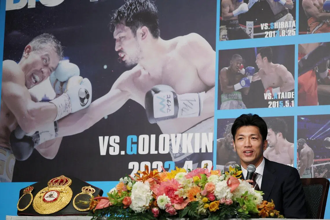 Japan's former world and Olympic boxing champion Ryota Murata holds a press conference to announce his retirement in Tokyo on March 28, 2023.