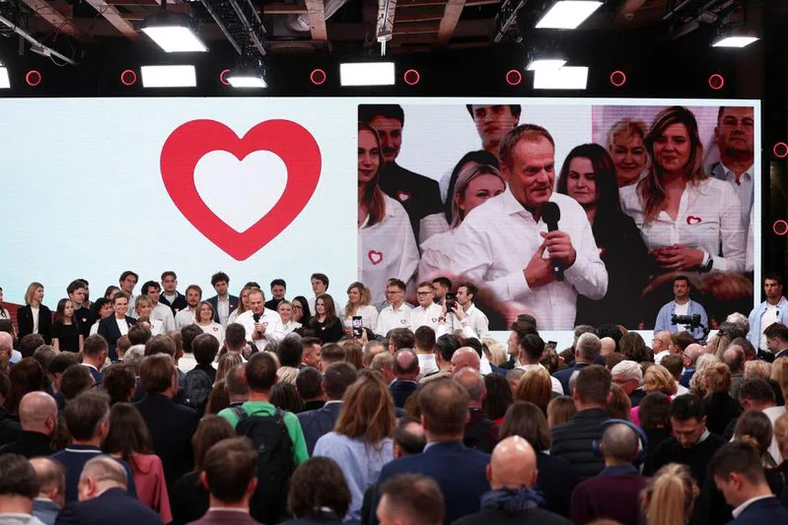 Donald Tusk, leader of the largest opposition grouping Civic Coalition (KO), speaks after the exit poll results are announced in Warsaw, Poland, October 15, 2023. REUTERS/Kacper Pempel
