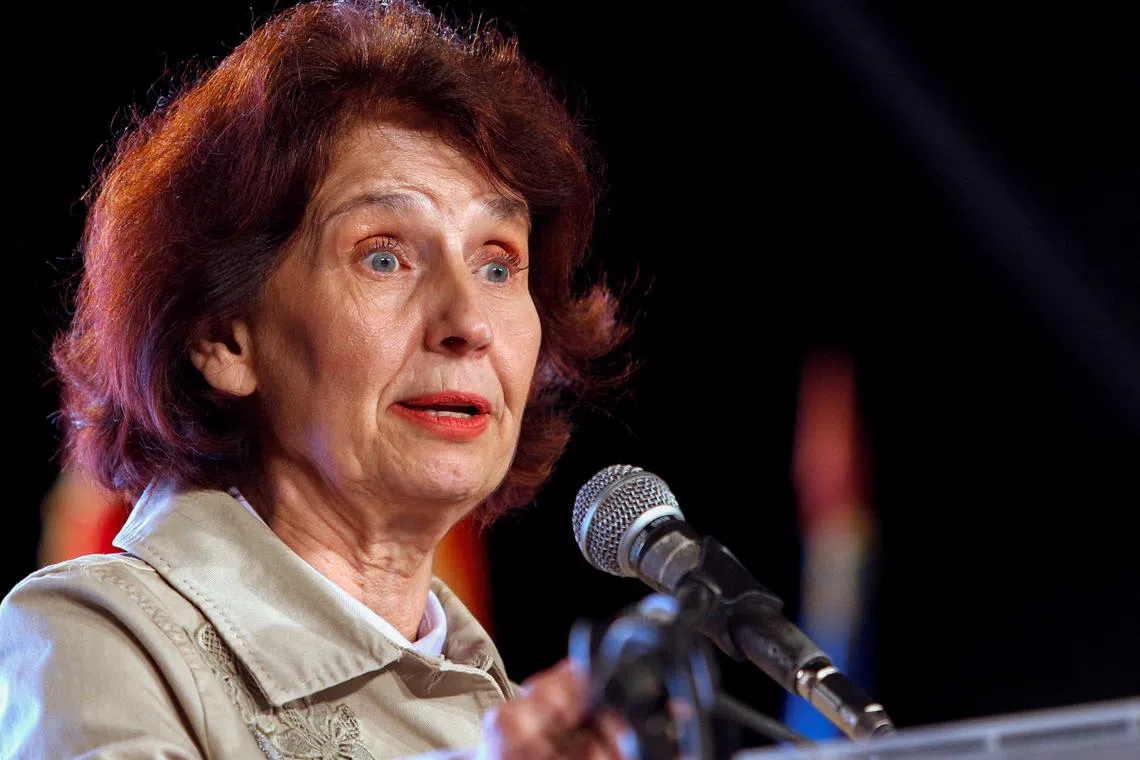 FILE PHOTO: North Macedonia opposition party VMRO-DPMNE presidential candidate Gordana Siljanovska-Davkova reacts during an electoral meeting in Kumanovo, North Macedonia April 29, 2024. REUTERS/Ognen Teofilovski/File Photo