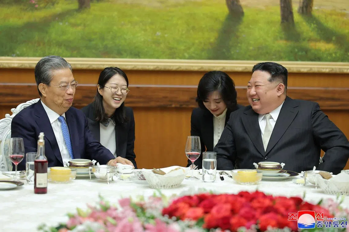 North Korean leader Kim Jong Un (right) meeting Chinese top legislator Zhao Leji (left) in Pyongyang, on April 13.