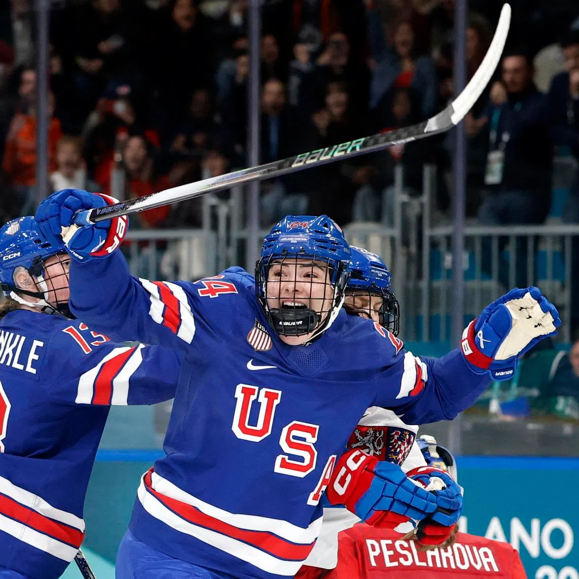 Milano Cortina 2026 Olympics - Ice Hockey - Women's Preliminary Round - Group A - United States of America vs Czech Republic - Milano Rho Ice Hockey Arena, Milan, Italy - February 05, 2026. Joy Dunne of United States celebrates scoring their second goal REUTERS/David W Cerny