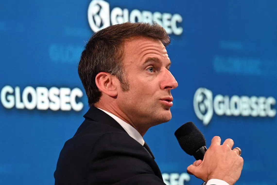 French President Emmanuel Macron speaks at the Globsec regional security forum in Bratislava, Slovakia.