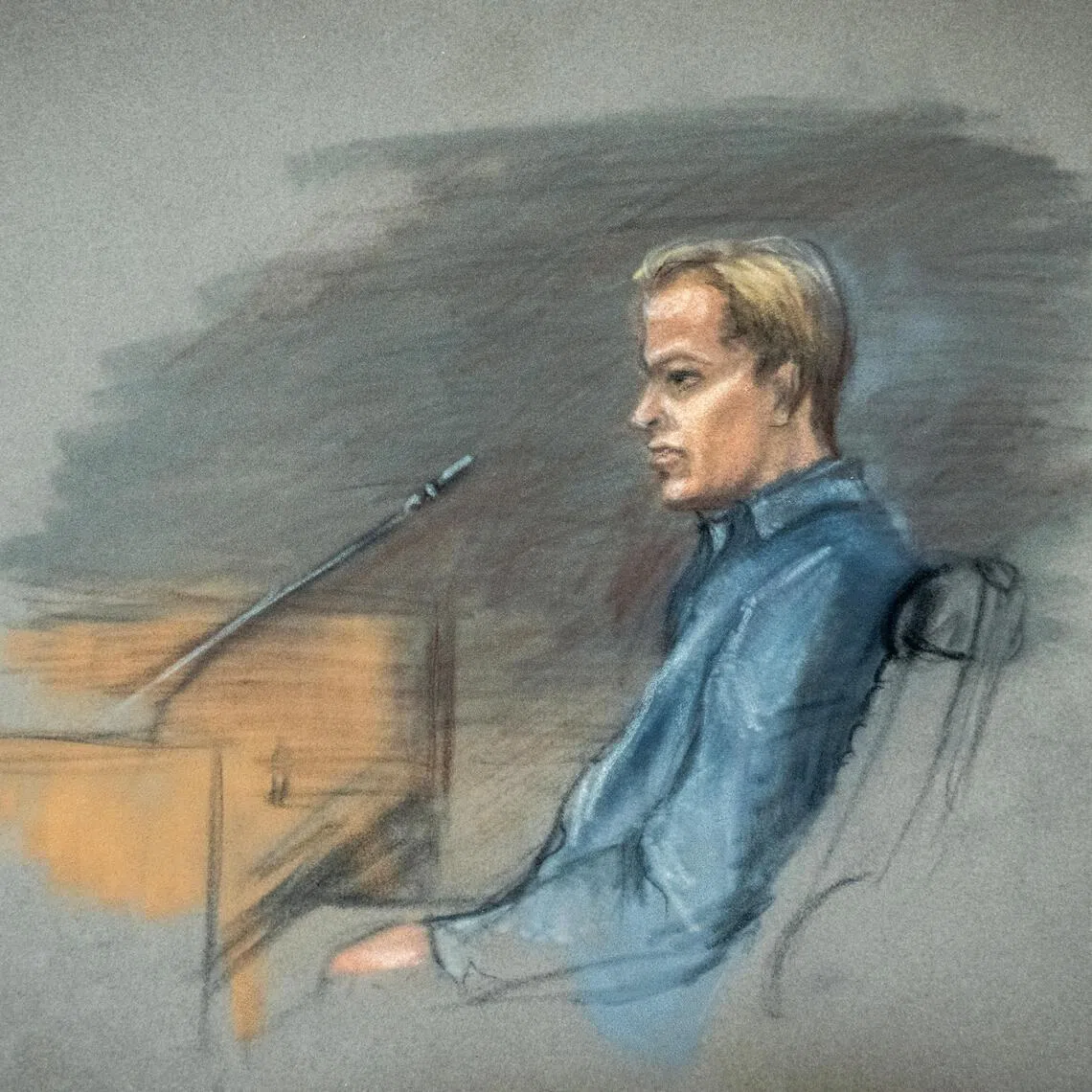 A court sketch shows Marius Borg Hoiby in the witness box in room 250 of the Oslo Courthouse in Norway on Feb 5, 2026. 