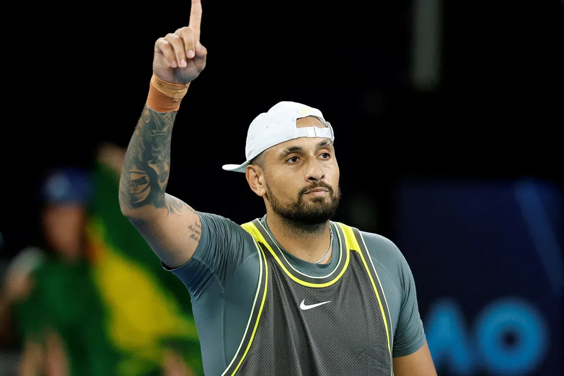 FILE PHOTO: Tennis - Australian Open - Melbourne Park, Melbourne, Australia - January 13, 2025 Australia's Nick Kyrgios gestures during his first round match against Britain's Jacob Fearnley REUTERS/Francis Mascarenhas/File Photo