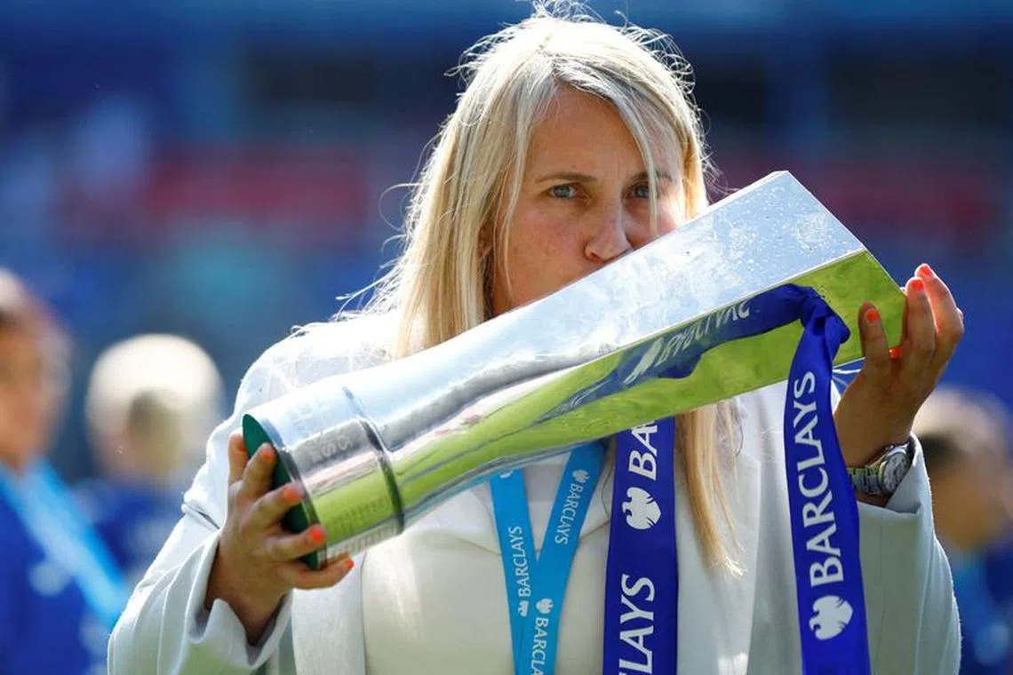 FILE PHOTO: Soccer Football - Women's Super League - Reading v Chelsea - Madejski Stadium, Reading, Britain - May 27, 2023 Chelsea manager Emma Hayes celebrates with the trophy after winning the Women's Super League Action Images via Reuters/John Sibley/File Photo