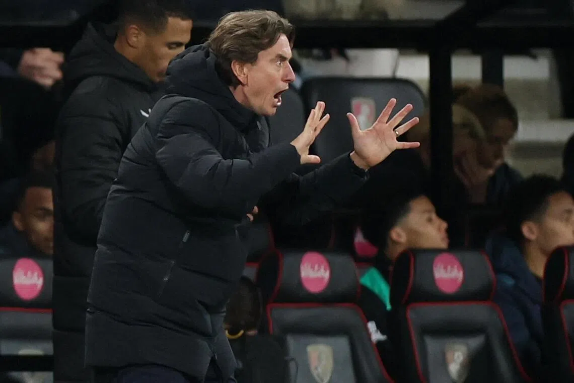 Tottenham Hotspur manager Thomas Frank reacting during the 3-2 English Premier League defeat by Bournemouth at the Vitality Stadium on Jan 7.