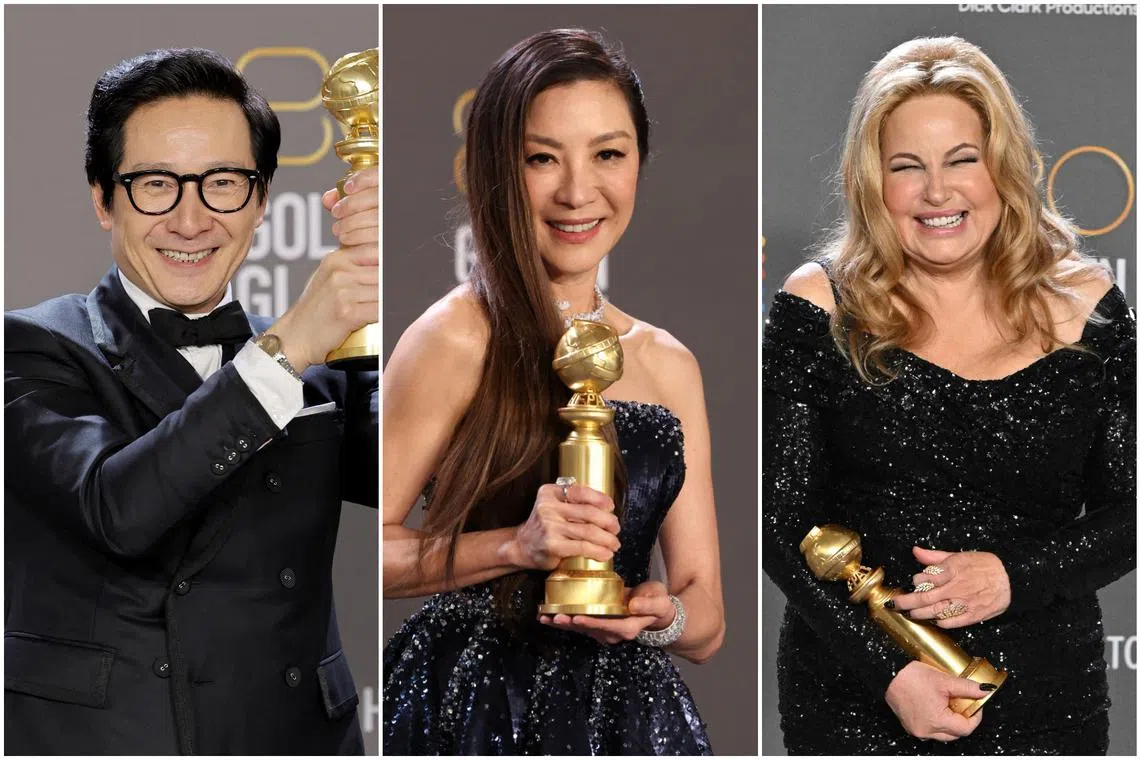 (From left) Actors Ke Huy Quan, Michelle Yeoh and Jennifer Coolidge. 