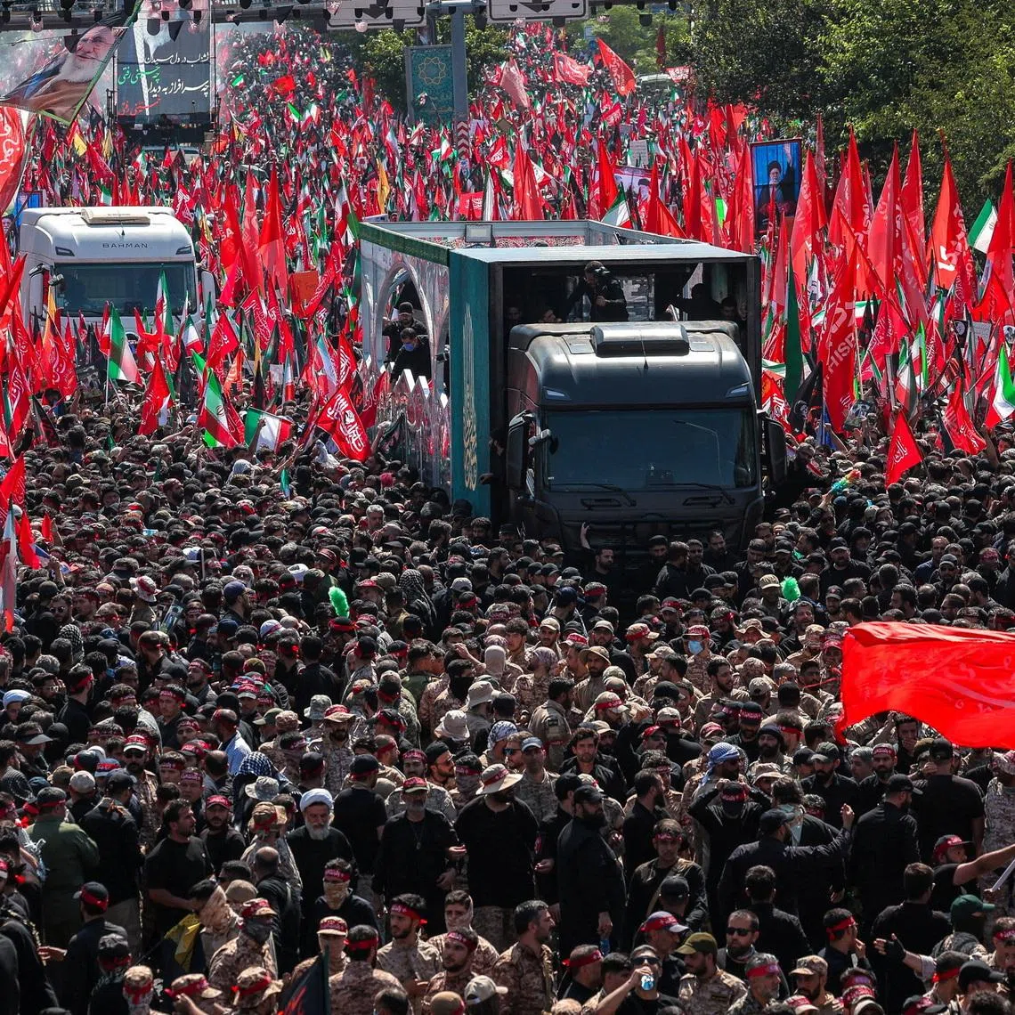 A vehicle carrying coffins of Iran’s late Supreme Leader Ayatollah Ali Khamenei and his family members in Tehran on July 6.
