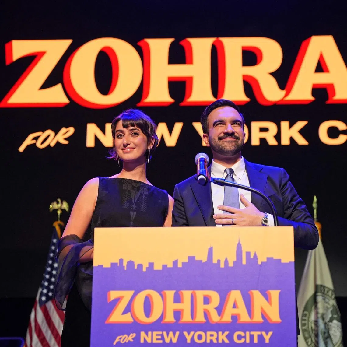 New York City Mayor-elect Zohran Mamdani (R) celebrates alongside his wife Rama Duwaji during an election night event on Nov 4, 2025. PHOTO: AFP