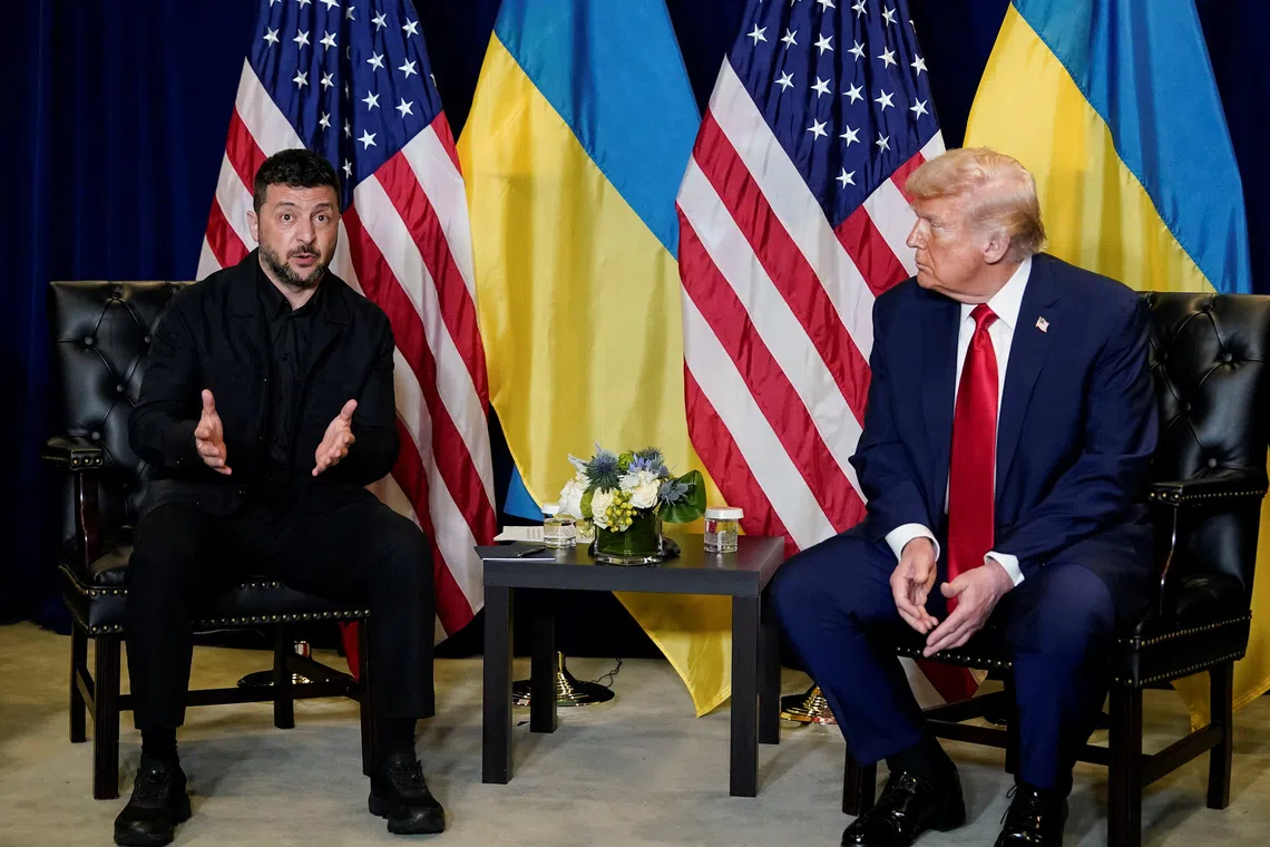 U.S. President Donald Trump meets with Ukrainian President Volodymyr Zelenskiy during the 80th United Nations General Assembly, in New York City, New York, U.S., September 23, 2025. REUTERS/Al Drago