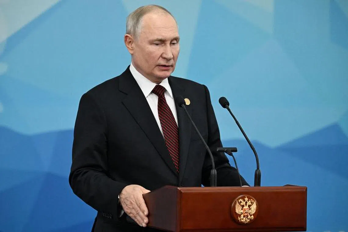 Russian President Vladimir Putin speaks during a press conference following the Commonwealth of Independent States (CIS) leaders' summit in Bishkek, Kyrgyzstan, October 13, 2023. Sputnik/Pavel Bednyakov/Pool via REUTERS ATTENTION EDITORS - THIS IMAGE WAS PROVIDED BY A THIRD PARTY.