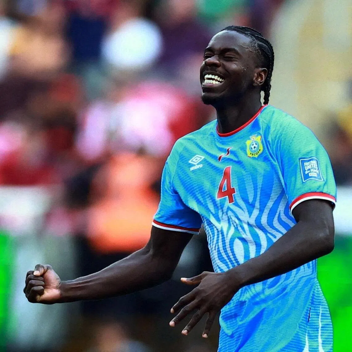 Democratic Republic of the Congo skipper Axel Tuanzebe celebrates scoring their crucial goal in extra-time against Jamaica during the inter-confederation play-offs in March.