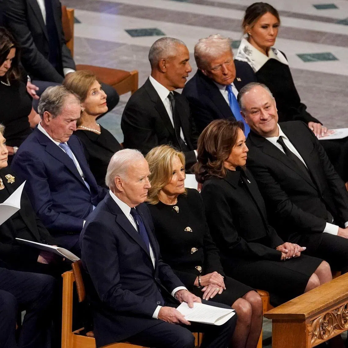 (From back left) Mr and Mrs Bill and Hillary Clinton, Mr George W. Bush and wife Laura Bush, Mr Barack Obama, US President-elect Donald Trump and wife Melania Trump, and (from front left) US President Joe Biden and First Lady Jill Biden, and Vice-President Kamala Harris and Second Gentleman Doug Emhoff.