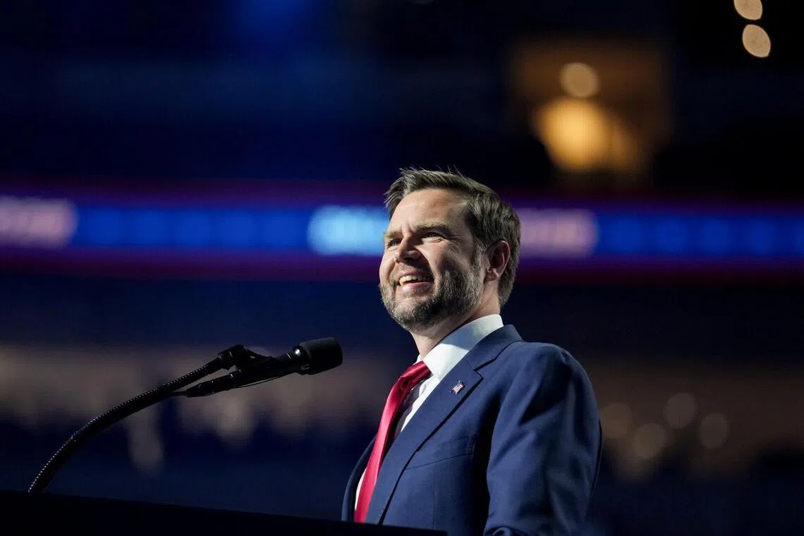 US Vice President JD Vance speaks during the second day of the Republican Midterm Convention at the American Airlines Center in Dallas, Texas, US, on Thursday, Sept. 10, 2026. November's midterm elections will hinge in large part on Americans' attitudes toward the cost of living, and the polls show the public giving the president poor marks for his handling of the economy. Photographer: Al Drago/Bloomberg