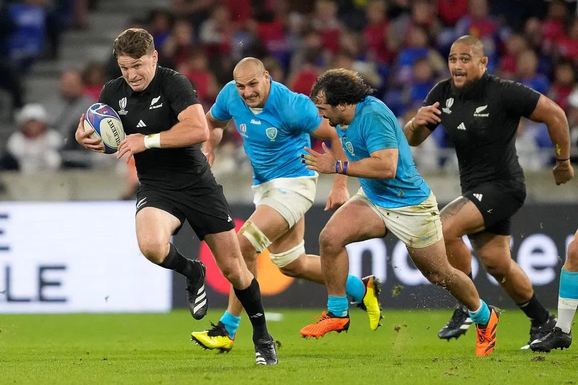 New Zealand's full-back Beauden Barrett running with the ball during the World Cup match against Uruguay. 
