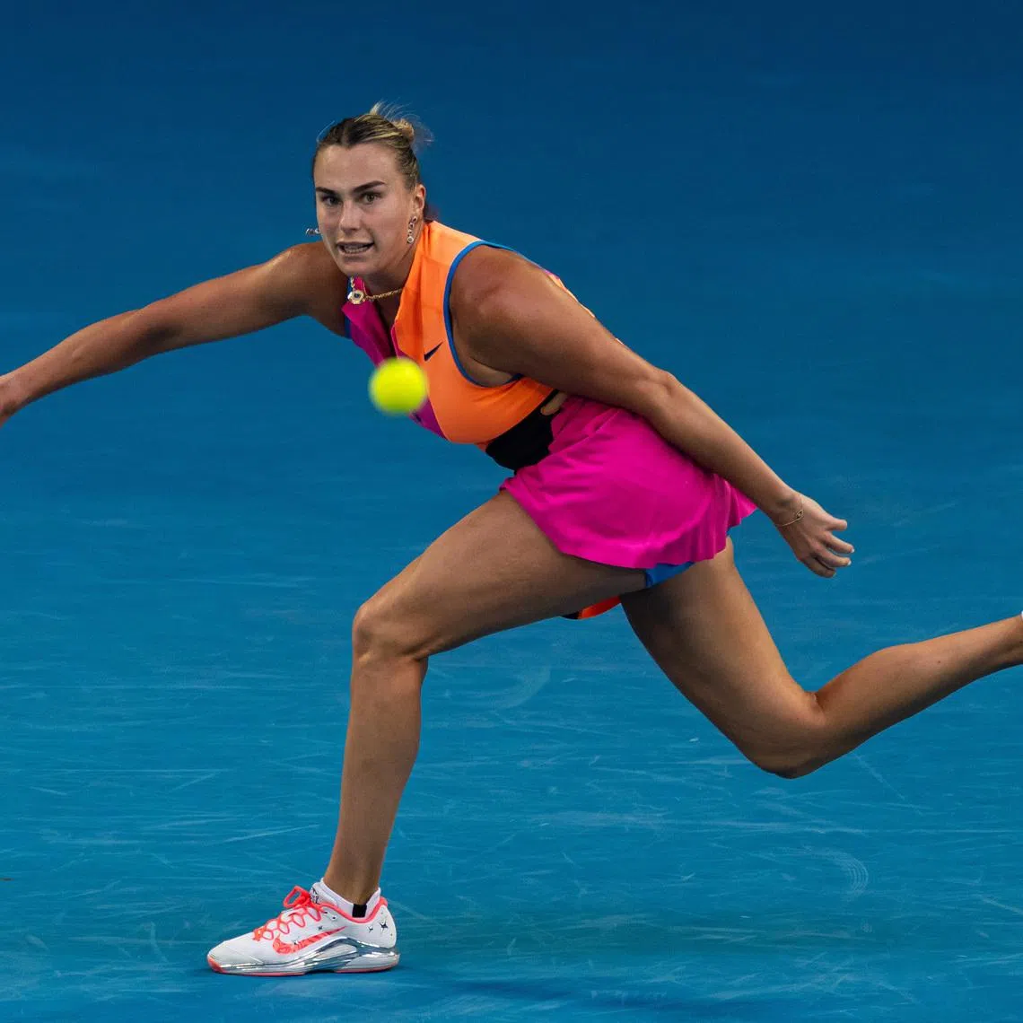 Jan 29, 2026; Melbourne, Victoria, Australia; Aryna Sabalenka in action against Elina Svitolina of Ukraine in the semifinals of the women’s singles at the Australian Open at Rod Laver Arena in Melbourne Park. Mandatory Credit: Mike Frey-Imagn Images