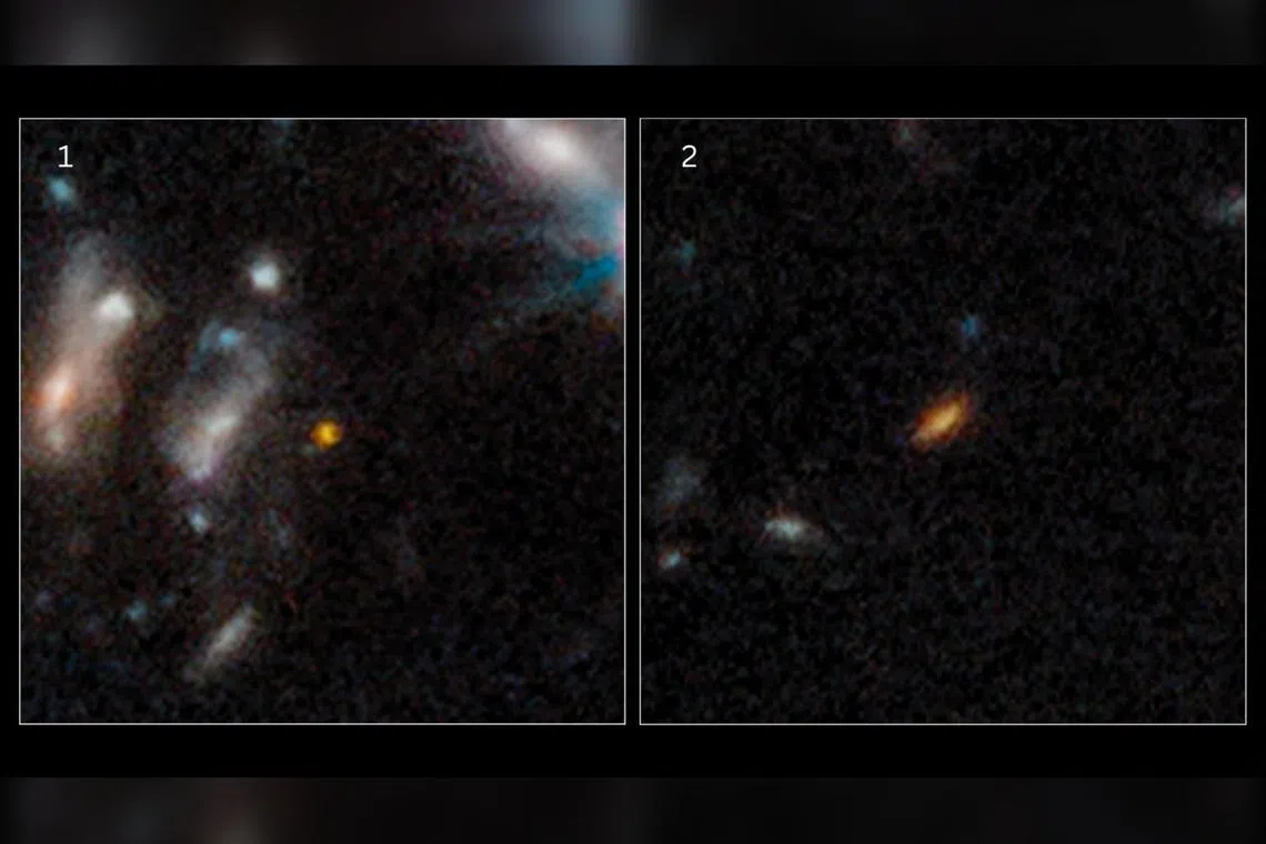 This handout image from Nasa shows a close-up of two of the farthest galaxies seen to date.