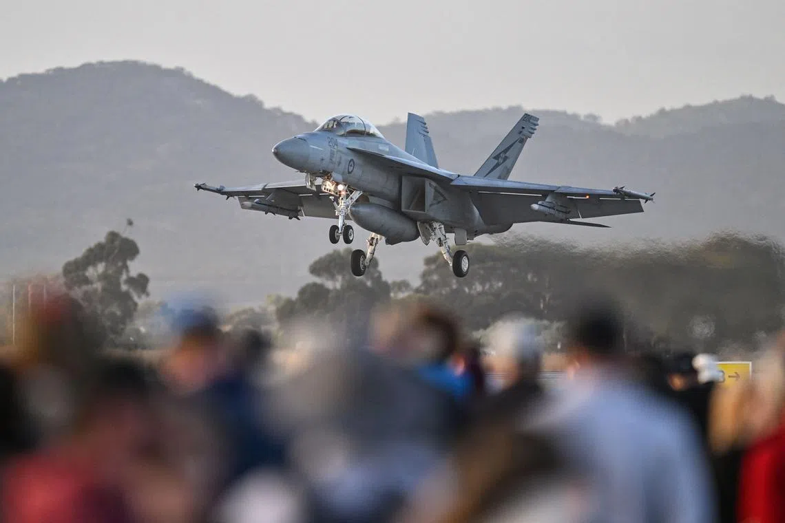 A Royal Australian Air Force F-18 jet fighter lands after an aerial display in this March 3, 2023 file photo.