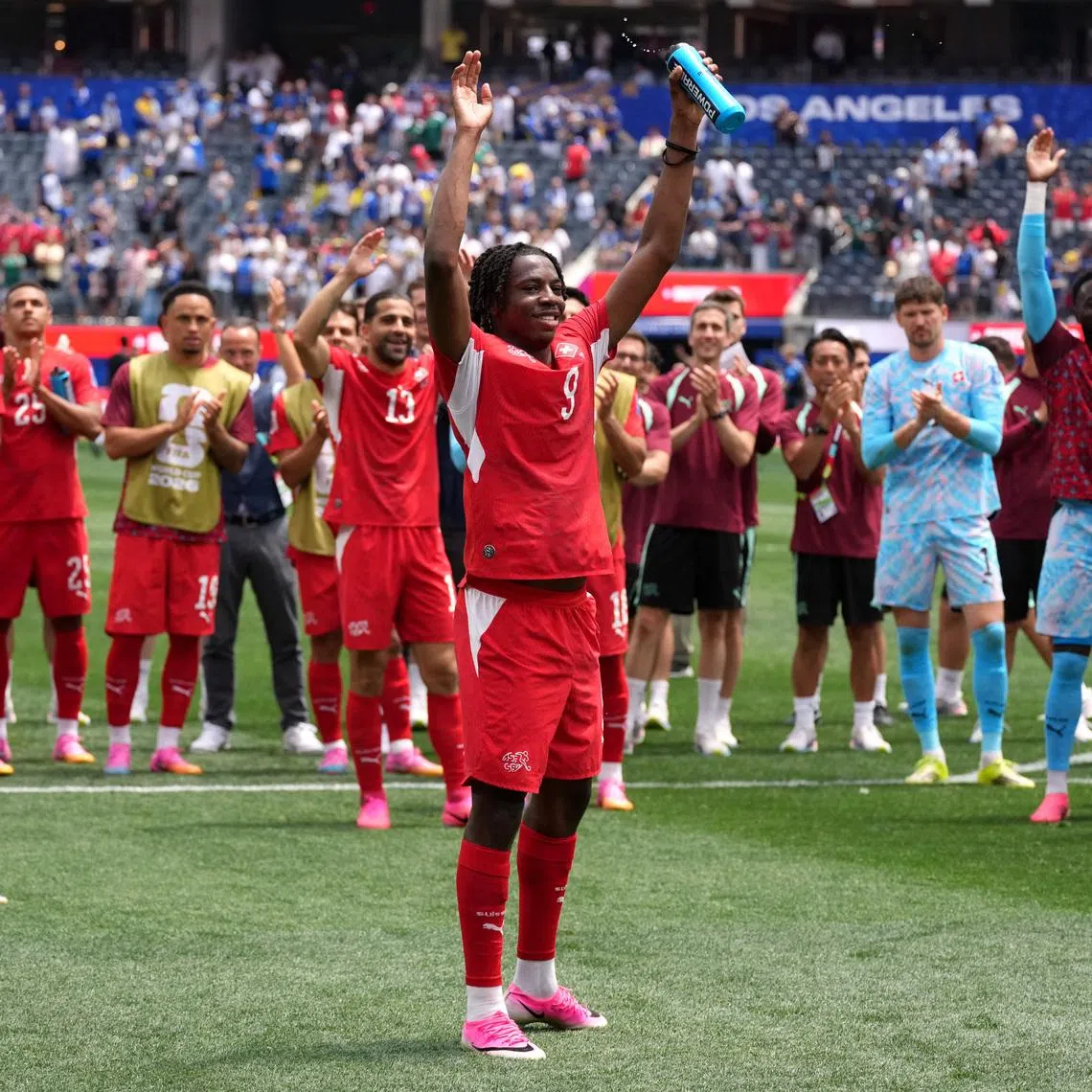 Soccer Football - FIFA World Cup 2026 - Group B - Switzerland v Bosnia and Herzegovina - Los Angeles Stadium, Inglewood, California, U.S. - June 18, 2026 Switzerland's Johan Manzambi celebrates after the match IMAGN IMAGES via Reuters/Kirby Lee