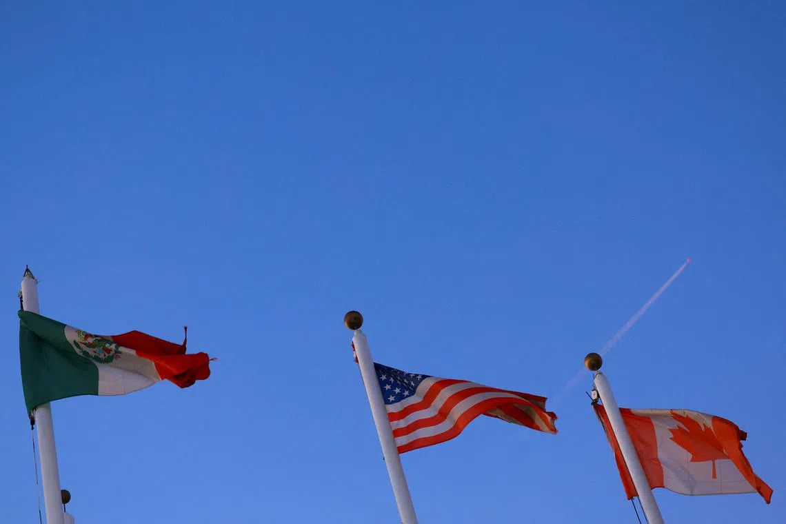 FILE PHOTO: The flags of Mexico, the United States and Canada fly in Ciudad Juarez, Mexico February 1, 2025. REUTERS/Jose Luis Gonzalez/File Photo