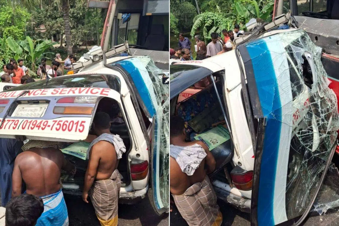 The ambulance was left mangled after colliding with the passenger bus head-on.