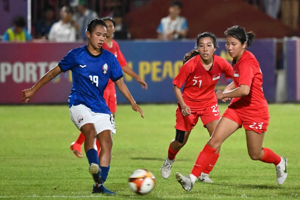 ST20230506-202315168285-Lim Yaohui-pixseagames06/

Group stage match between Singapore (in red) and Cambodia (in blue) in women team football at Smart RSN Stadium on May 6, 2023. 

The 2023 Southeast Asian Games, commonly known as the 32nd Southeast Asian Games, or the 32nd SEA Games, and commonly known as Cambodia 2023, will be the 32nd edition of the Southeast Asian Games, a biennial sports multi-sport event which will be held from 5 to 17 May 2023 in Phnom Penh, Cambodia. 

(ST PHOTO: LIM YAOHUI)