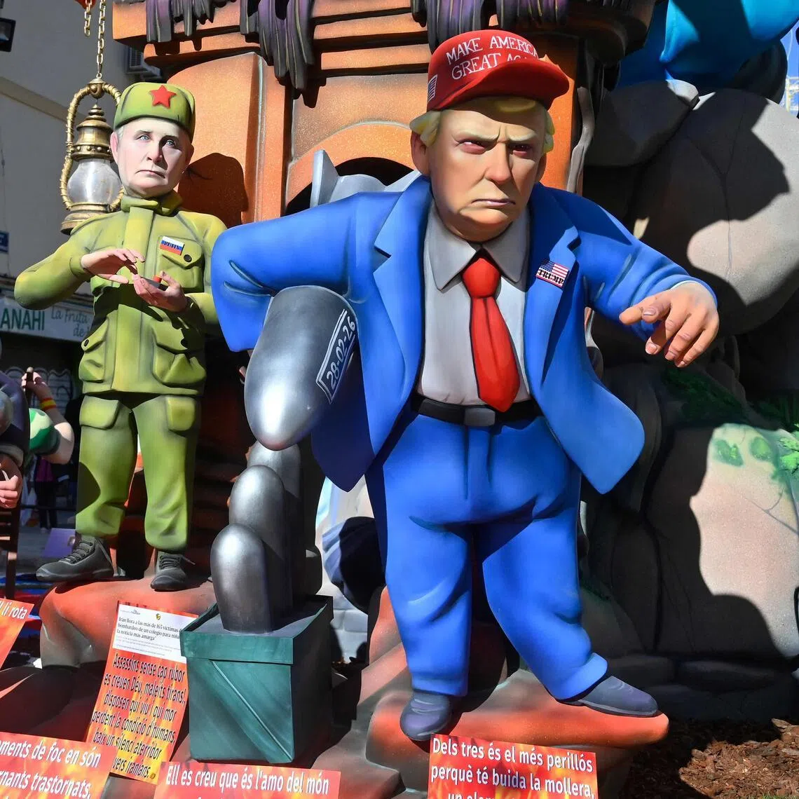 Sculptures depicting US President Donald Trump, Russian President Vladimir Putin and Israeli Prime Minister Benjamin Netanyahu at a festival in Spain on March 16. 