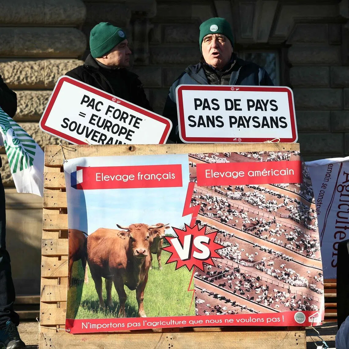 French farmers protesting against the EU-Mercosur trade deal on Jan 7.