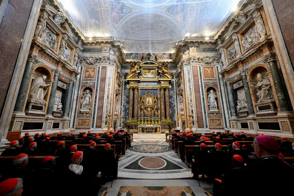 Cardinals attend the Vespers prayers after visiting the tomb of Pope Francis in Papal Basilica of Saint Mary Major (Santa Maria Maggiore), in Rome, Italy, April 27, 2025. Francesco Sforza/Vatican Media/­Handout via REUTERS