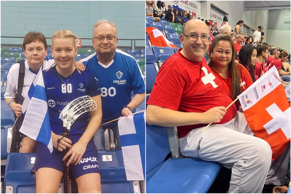 Kari Sandell and his wife Marja with Finnish floorballer My Kippila (left), Mr Andre Aeschbacher and his girlfriend (right) supporting Switzerland at the Women’s World Floorball Championship.